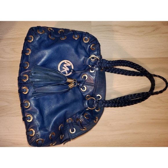Michael Kors Blue Leather Handbag With Braided Handles & Tassel Detailing - Picture 10 of 11